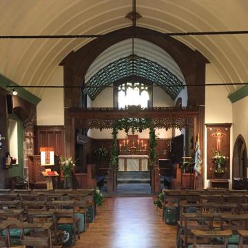 Facing the altar from the back of church